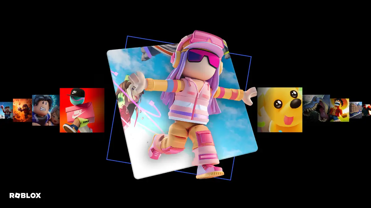 Roblox character in colorful outfit flying forward