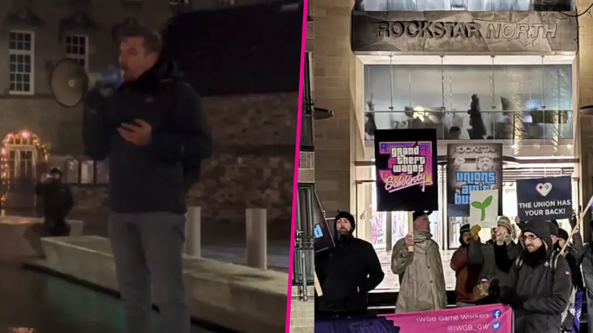 Workers protest outside Rockstar North building at night.