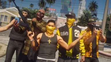 Masked gang members posing with guns on street