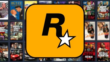 Rockstar Games logo with game covers background