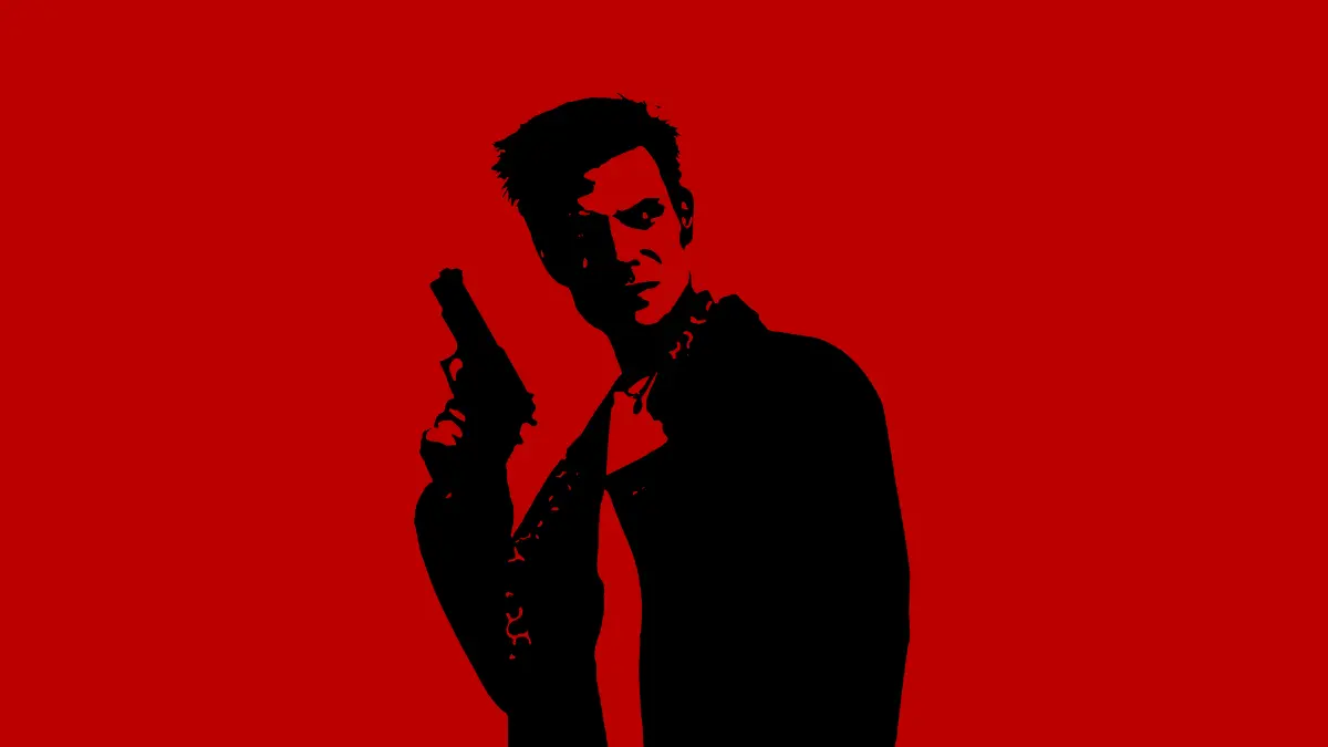 Silhouette with gun on red background