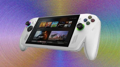 White handheld gaming console with colorful background