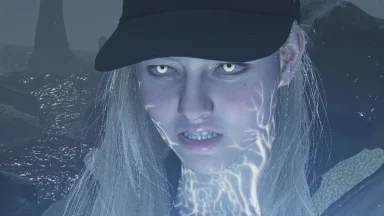 Glowing-eyed character with light veins in dark setting