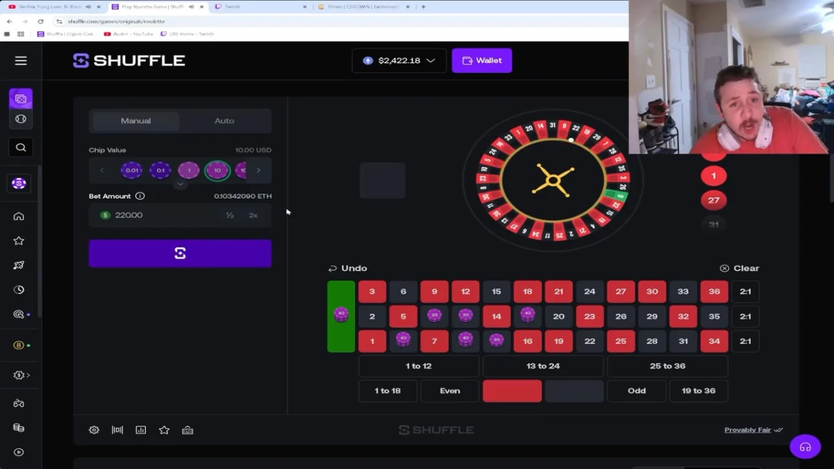 Online roulette game interface with streamer webcam overlay