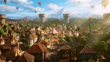 Fantasy medieval village fair beneath floating islands and mountains
