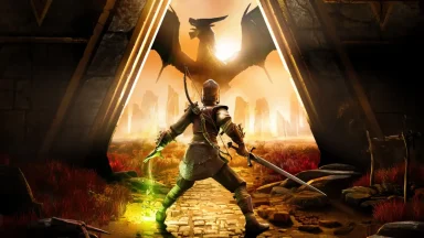 Warrior facing a dragon in ancient ruins.