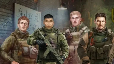 Four soldiers in tactical gear and military setting.