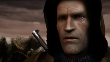 Hooded character in ominous landscape with rifle.