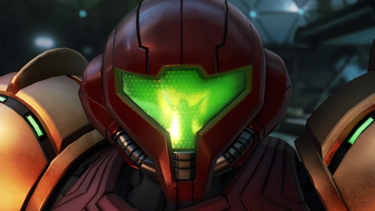 Samus with glowing green visor