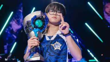 Esports champion holding trophy and raising one finger