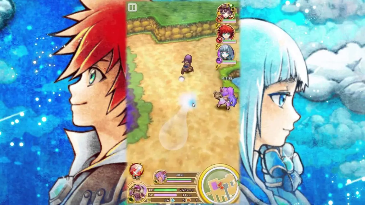 Anime characters and gameplay in colorful fantasy setting.