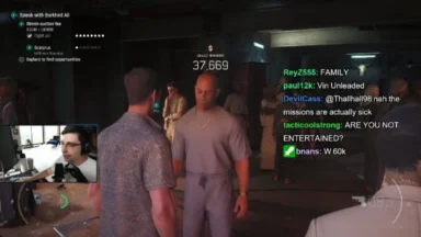 Livestream gamer playing mission-based action video game