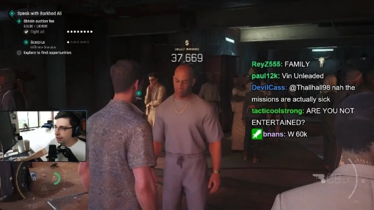 Livestream gamer playing mission-based action video game