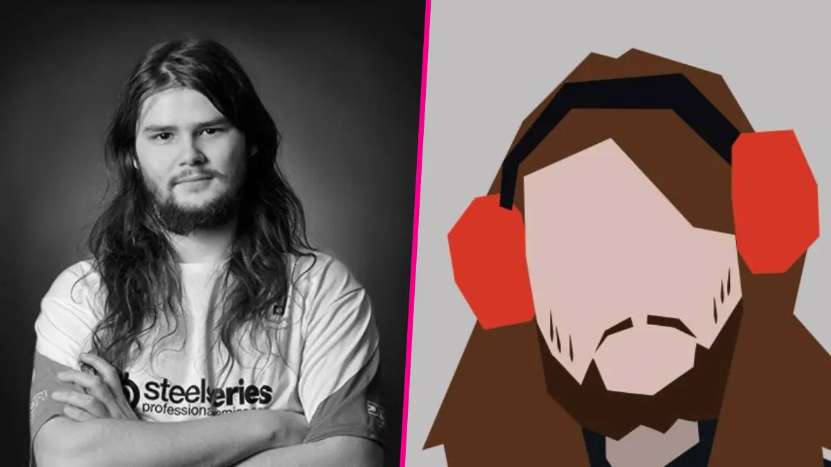Gamer portrait alongside abstract art depiction