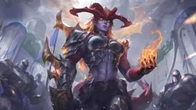 Horned fantasy warrior holding fire in battle