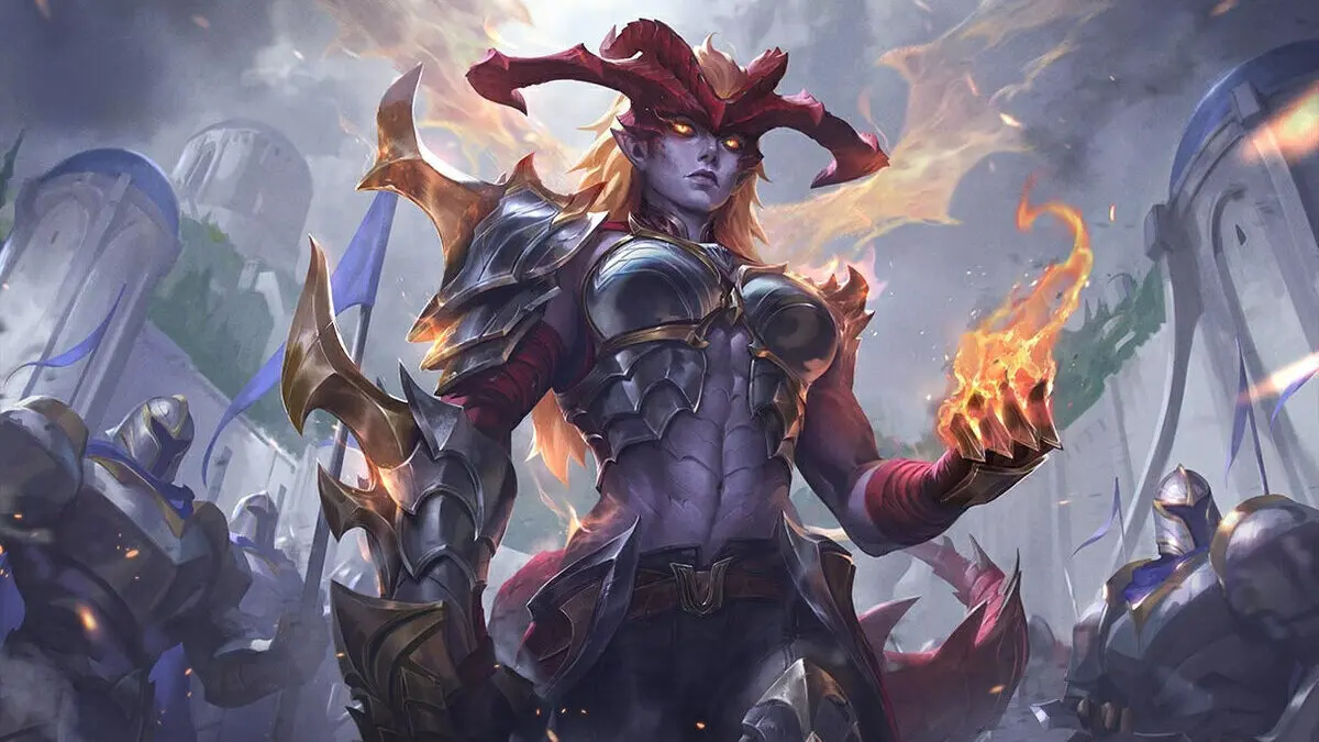 Horned fantasy warrior holding fire in battle