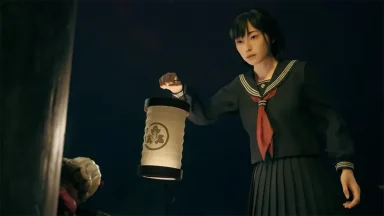 Girl in uniform holding lantern in darkness