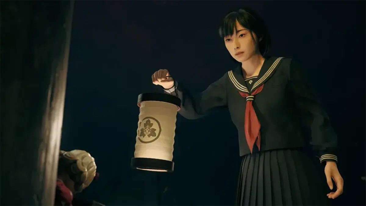 Girl in uniform holding lantern in darkness