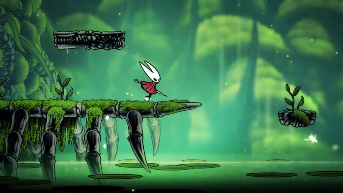 Character on mossy platform in a mystical forest.