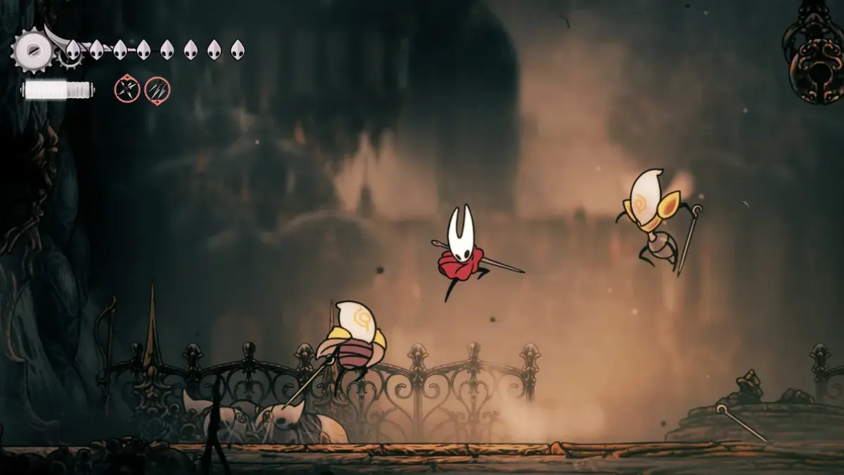 Hollow Knight battle scene with three characters.