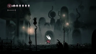 Character exploring dark mysterious landscape game scene.