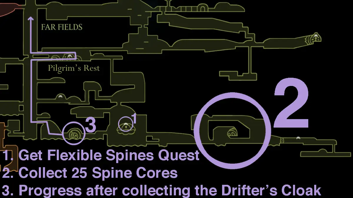 silksong leave far fields map Game map with navigation steps and quest instructions.
