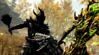 Armored warrior battles forest creature in autumn woods