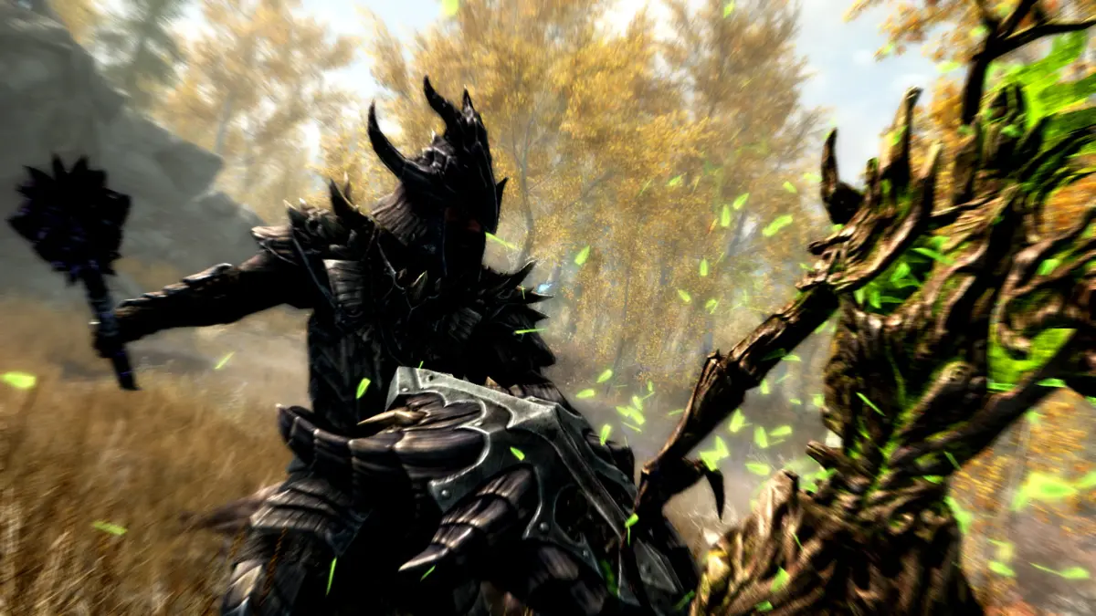 Armored warrior battles forest creature in autumn woods
