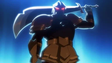 Armored warrior with glowing red eyes holding axe