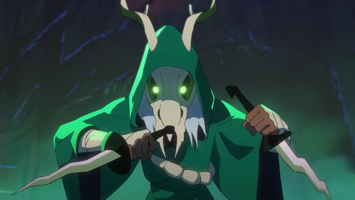 Hooded creature with glowing eyes holding daggers