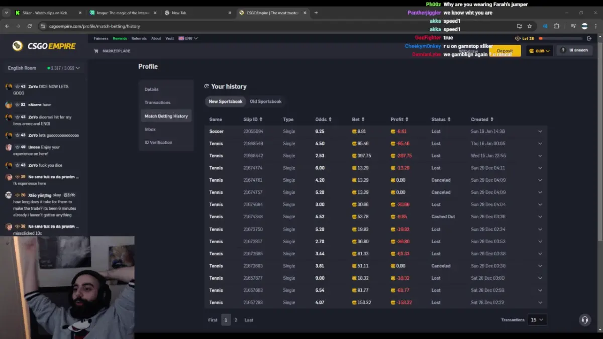 Online betting history dashboard screenshot.