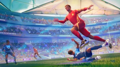 Animated soccer players in futuristic stadium.
