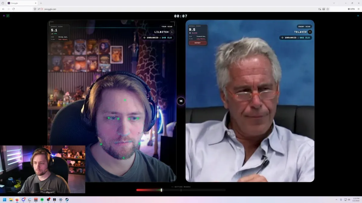 Split-screen livestream with streamer and older man