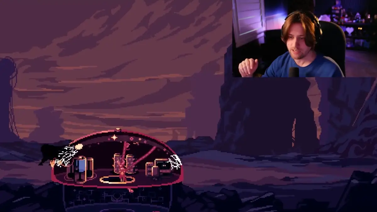 Pixel-art desert battle with streamer facecam overlay