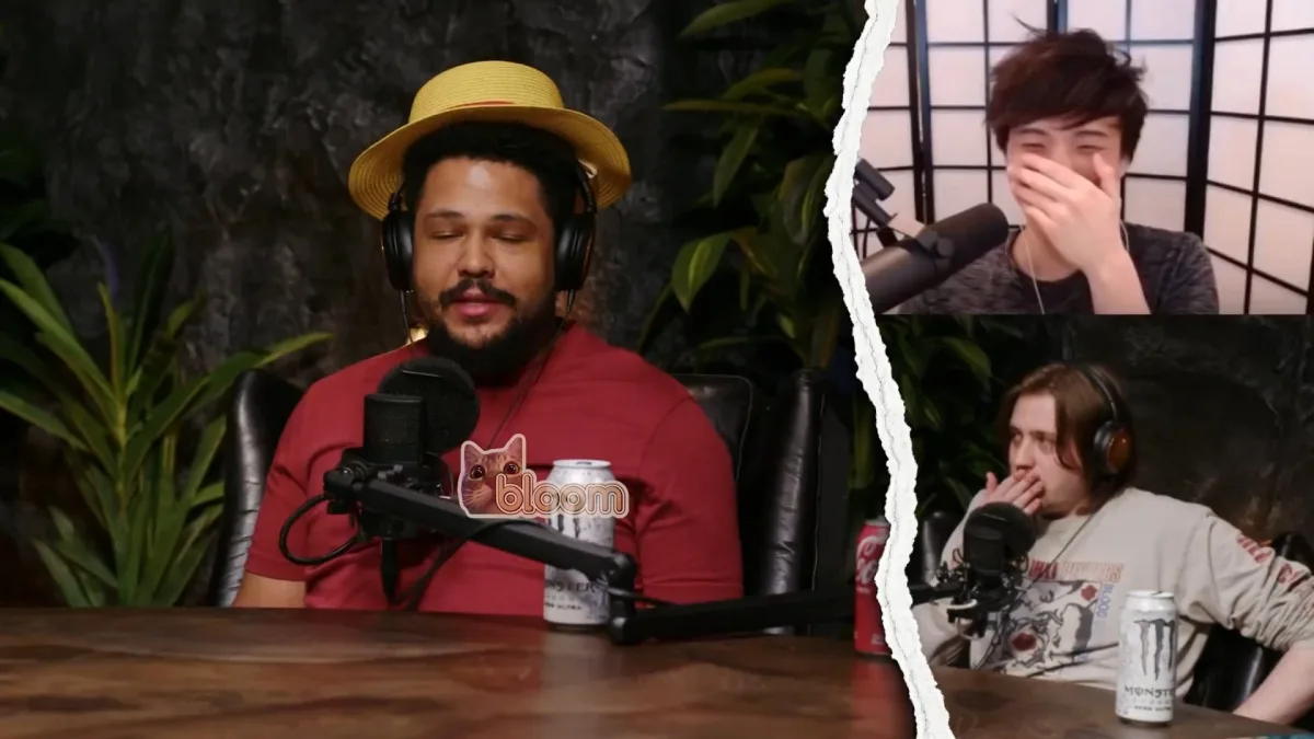 Three men recording podcast with microphones and headphones