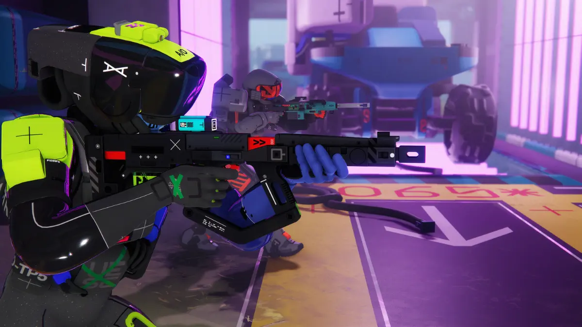 Futuristic soldiers with weapons in neon-lit environment.