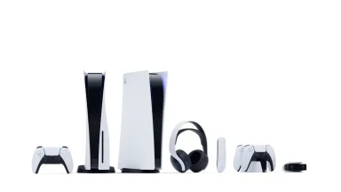 PlayStation 5 console and accessories lineup.