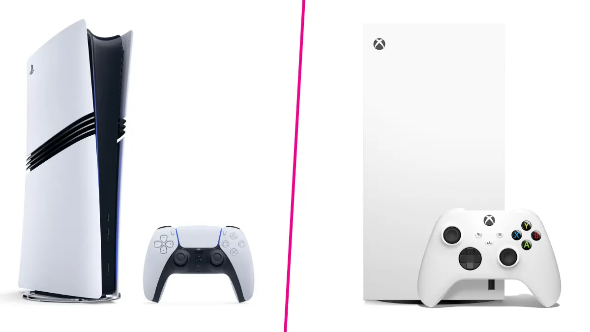 PlayStation 5 and Xbox Series S consoles with controllers