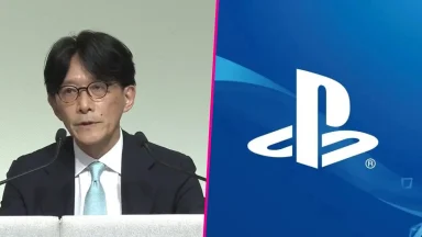 Person speaking beside PlayStation logo