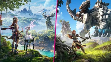 Aloy and machines in a lush landscape
