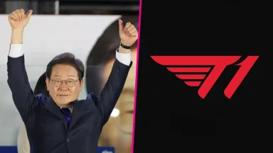 Person raising arms beside T1 esports logo