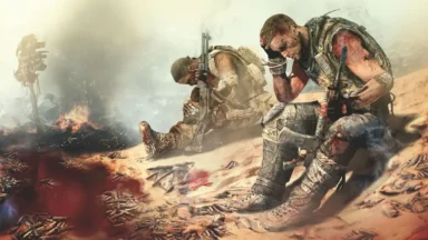 Wounded soldiers kneel amid smoke, blood, and shell casings