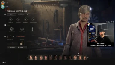 Richard Hawthorne character selection screen with streamer webcam overlay