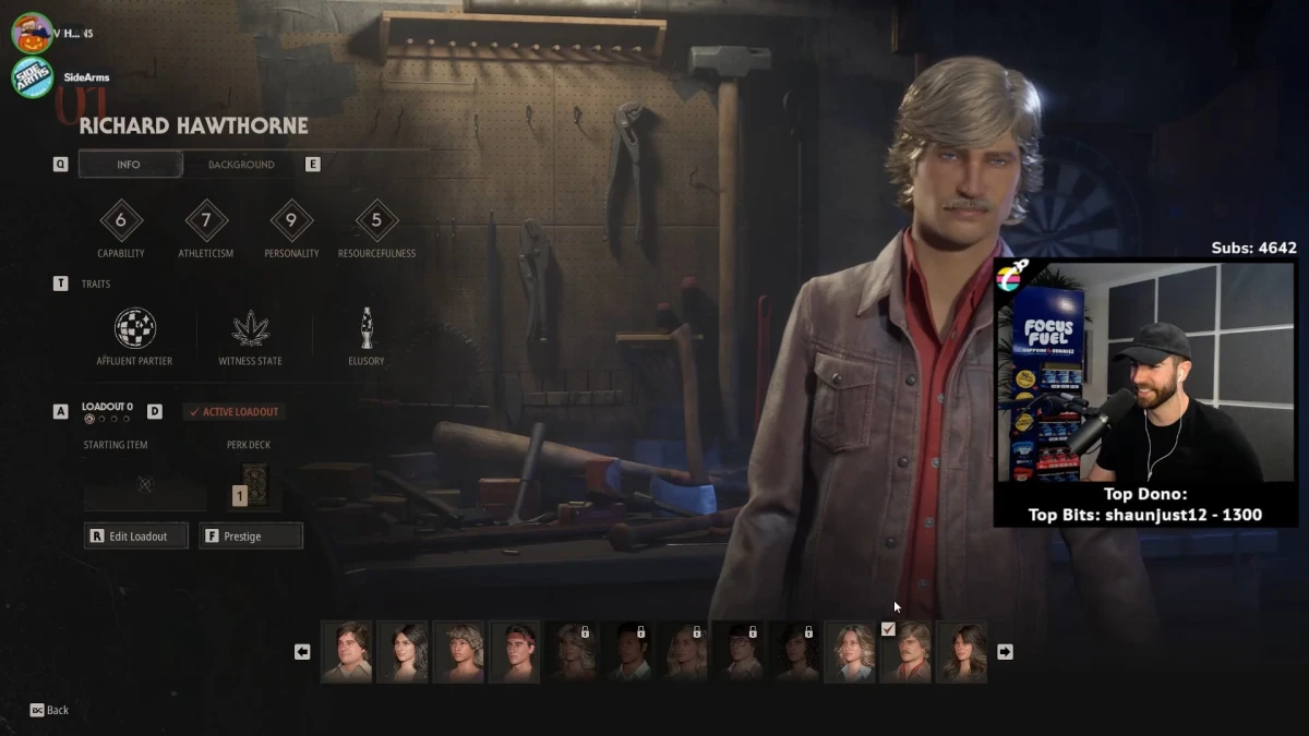 Richard Hawthorne character selection screen with streamer webcam overlay