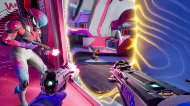 Futuristic shooting game action with vibrant colors.
