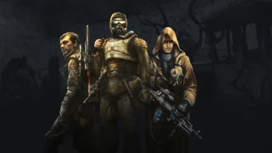 Three armed characters in post-apocalyptic setting.