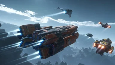 Futuristic spacecraft flying over mountainous alien landscape