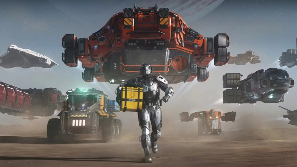 Armored astronaut carries cargo beneath hovering spacecraft