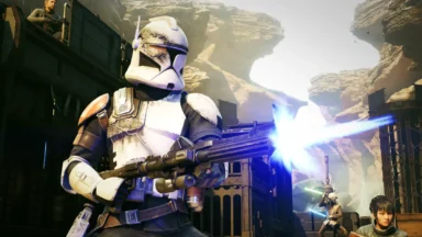 Clone trooper fires blaster in rocky canyon battle
