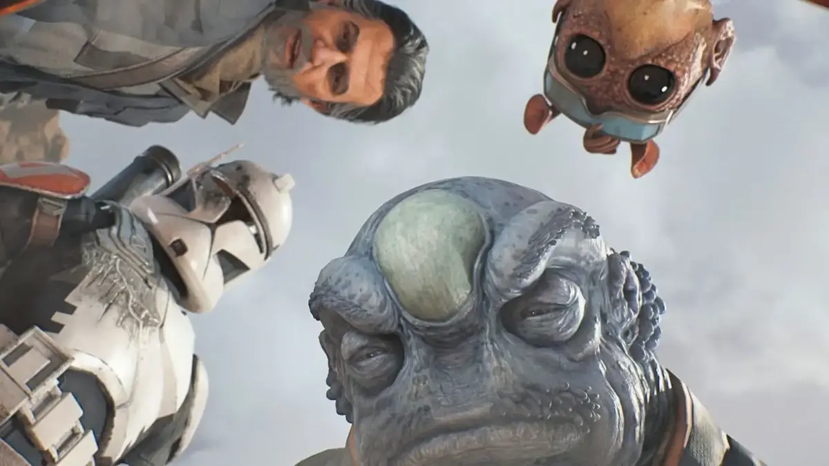 Four Star Wars characters peer downward against a cloudy sky
